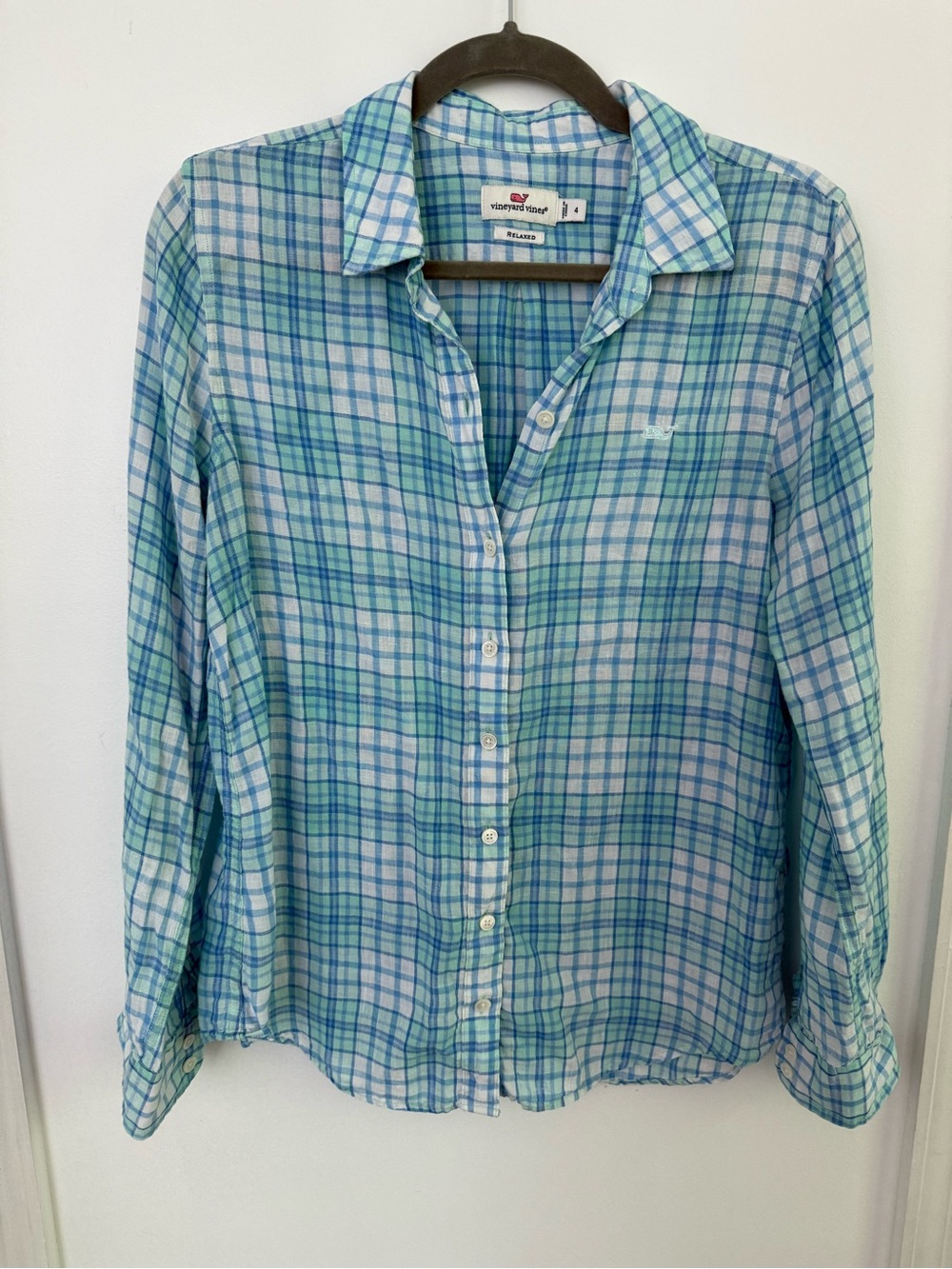 Vineyard Vines Linen Plaid Button-Down Shirt in Blue & Green Size 4